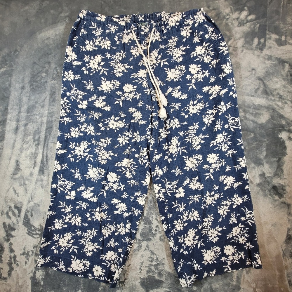 Lauren Ralph Lauren Floral Linen Blend Wide Leg Crop Pants Blue White Medium‎
